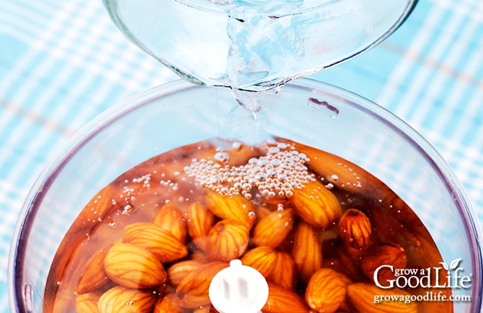 adding water to soaked almonds in a food processor