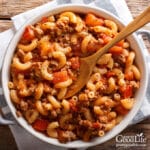 Close up of a pan of American chop suey.