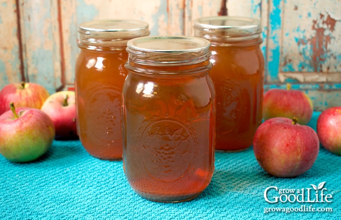 mason jars of apple juice on a blue towel