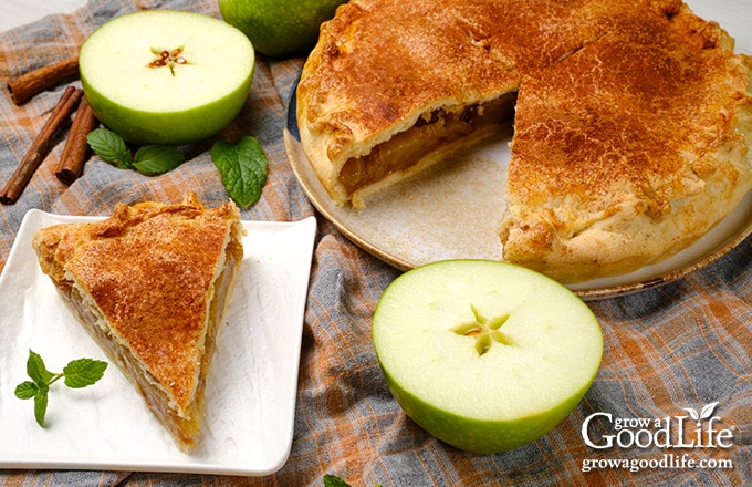 Homemade apple pie on a table.