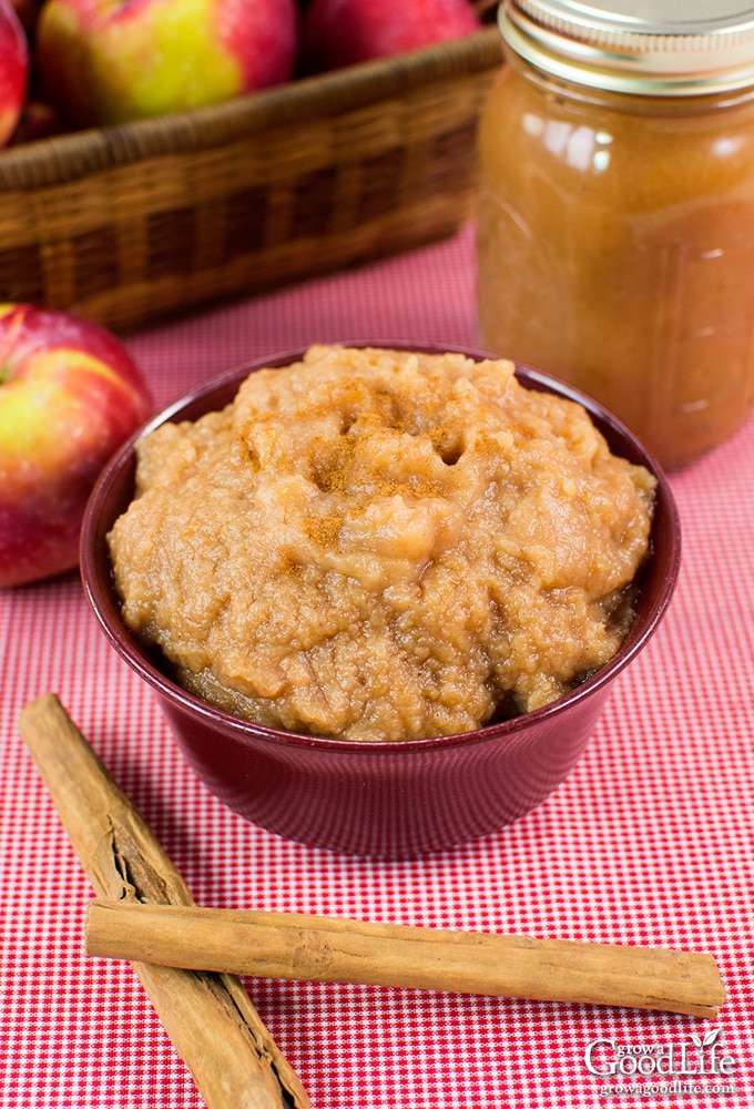 maroon bowl of applesauce on a table