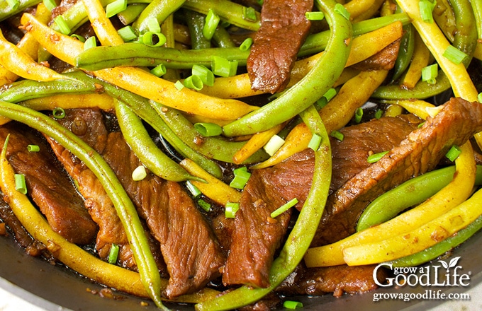 closeup of a skillet with beef and string bean stir-fry