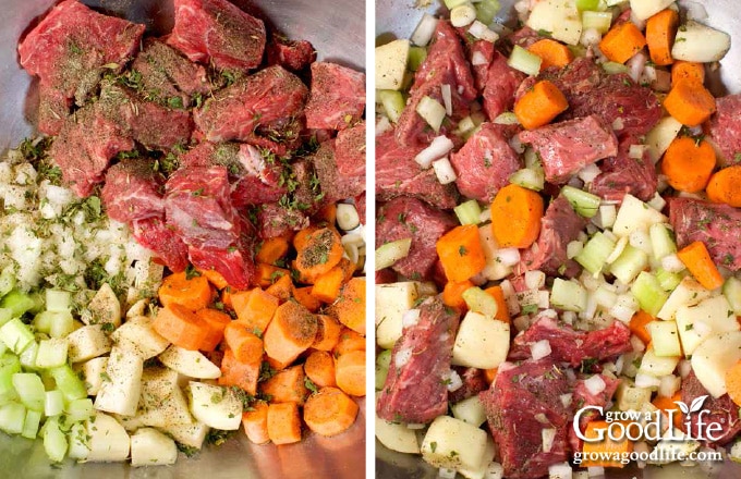 Large prep bowls of prepared ingredients for canning beef pot roast.