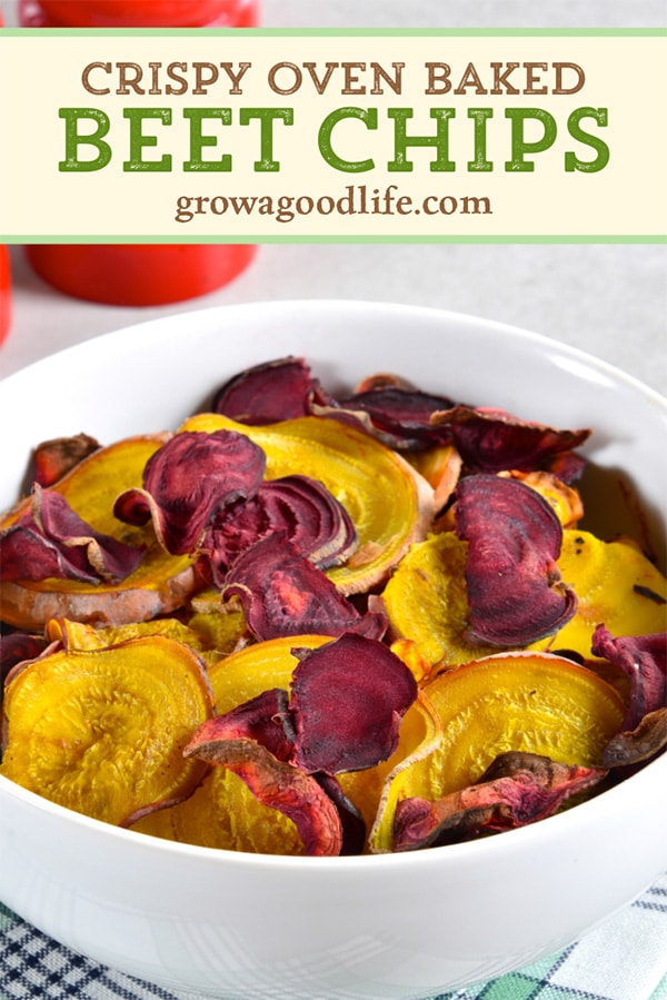 pin showing a white bowl filled with beet chips