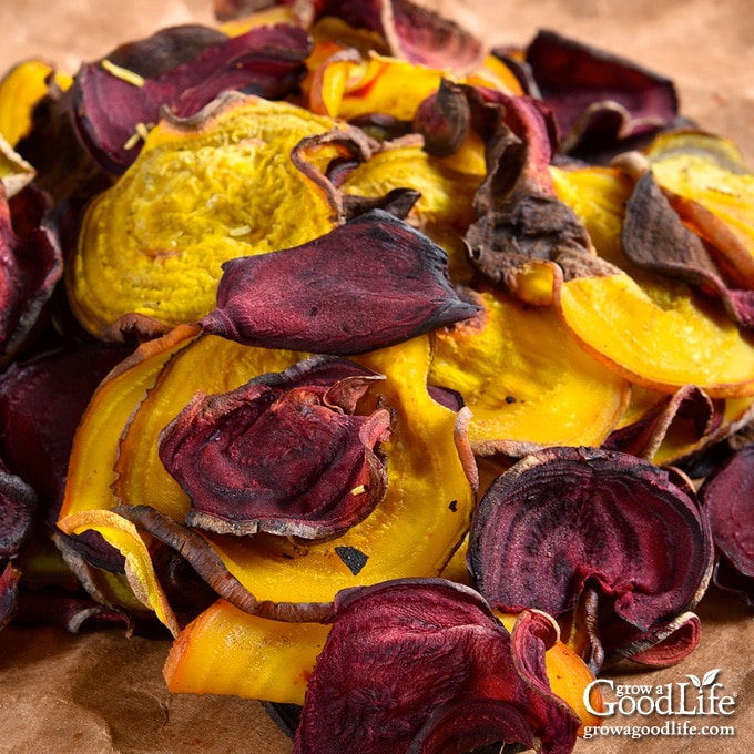 closeup of a pile of beet chips in parchment paoer