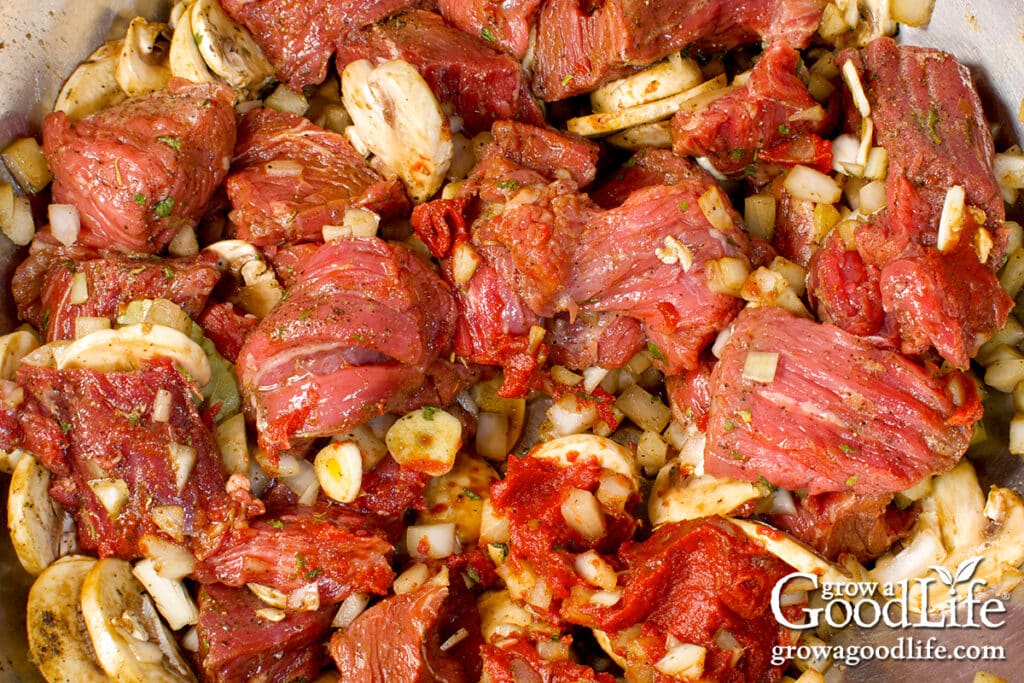 Overhead view of the mixed ingredients in a large prep bowl.