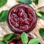 overhead photo of a jar of cherry jam