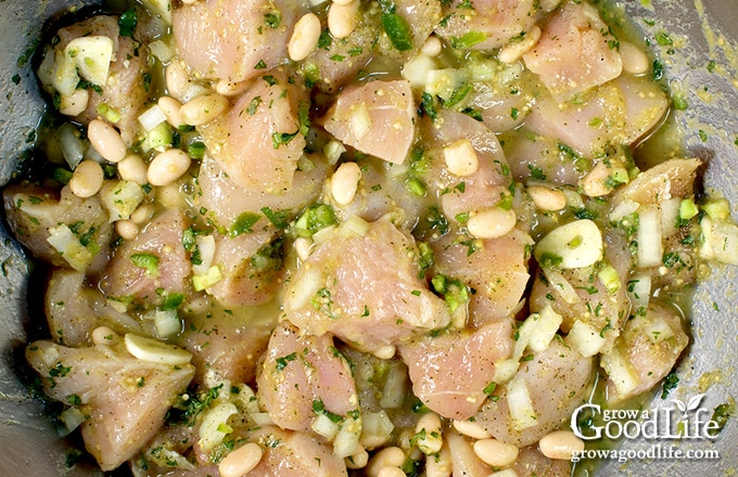 Close up of the prepared ingredients mixed together in a prep bowl.