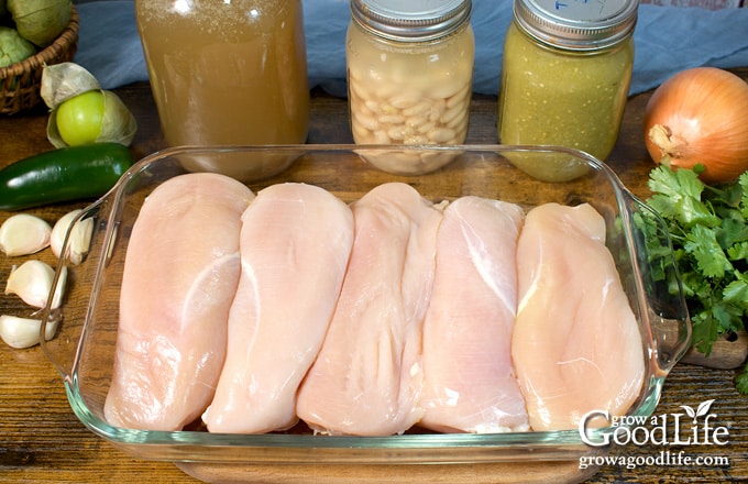 Ingredients for canning chicken chili verde.