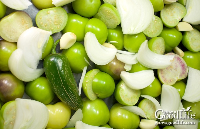 Ingredients for salsa verde on a roasting pan.