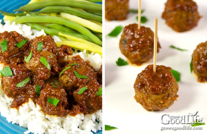 showing meatballs plated over rice and threaded on toothpicks