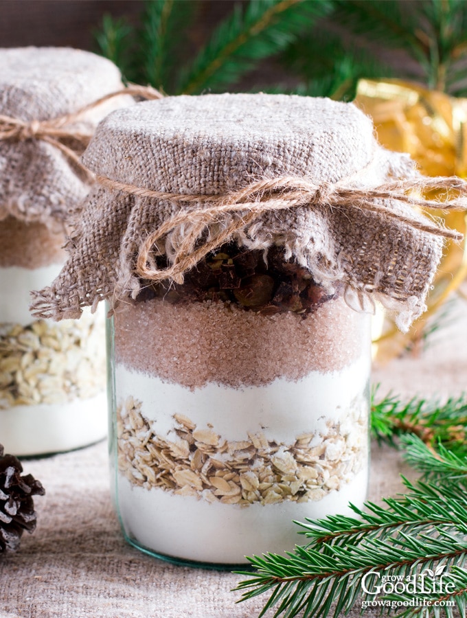 oatmeal chocolate chip cookie mix in a jar on a table