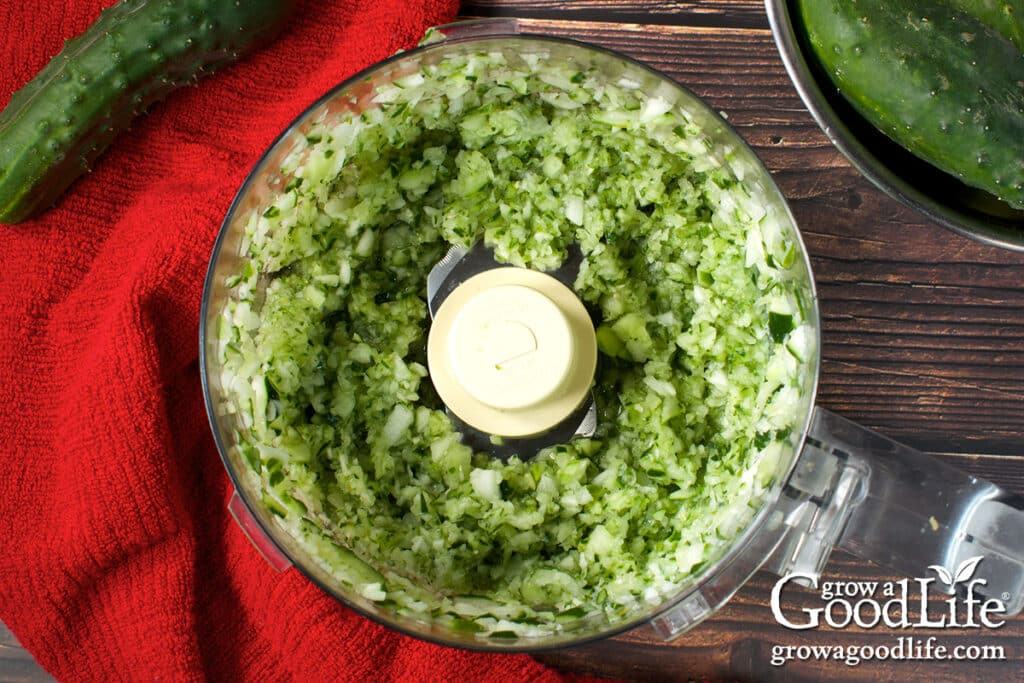 Chopped cucumbers in a food processor.