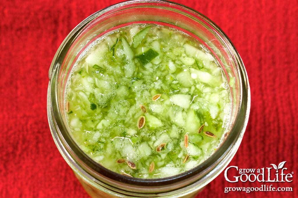 Close up of pickled dill relish in a mason jar.