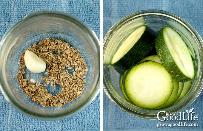 Jar with dill seeds and garlic clove. Jar filled with raw zucchini slices.