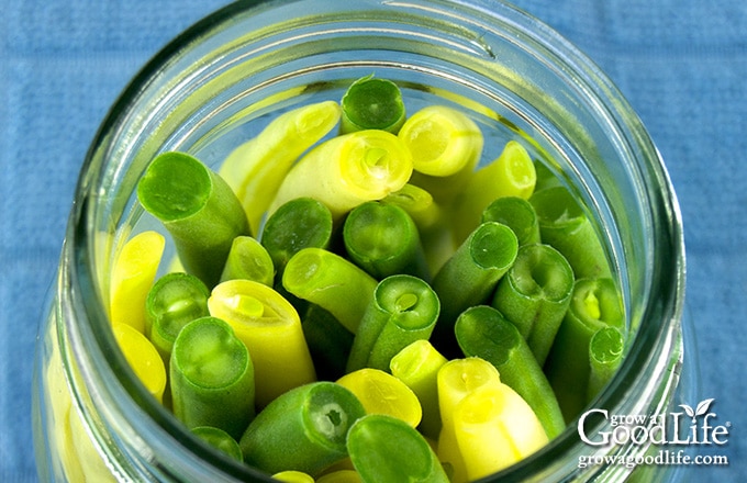 overhead image of string beans in a jar