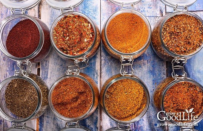 over head image of herbs and spices in jars