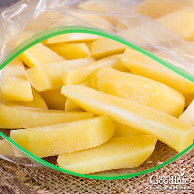 close up of a freezer bag of frozen potatoes