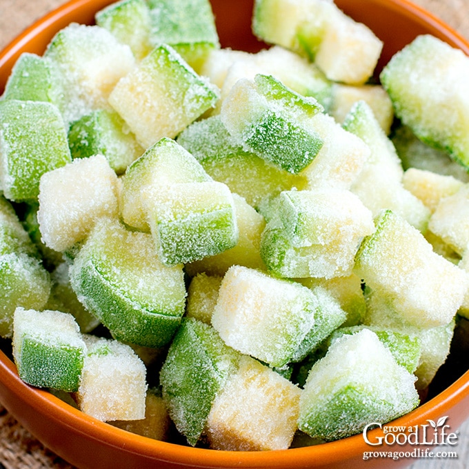 bowl of frozen zucchini pieces on a table