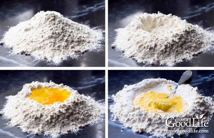 four images showing the process of making a well, adding ingredients, and mixing the dough