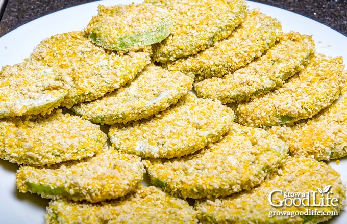 breaded green tomato slices ready to fry