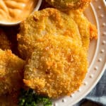 overhead closeup of fried green tomatoes on a white plate