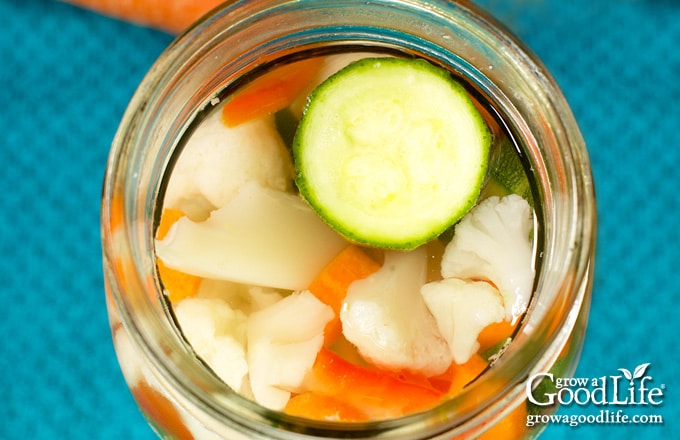 overhead view of filling the jar with pickled vegetables.