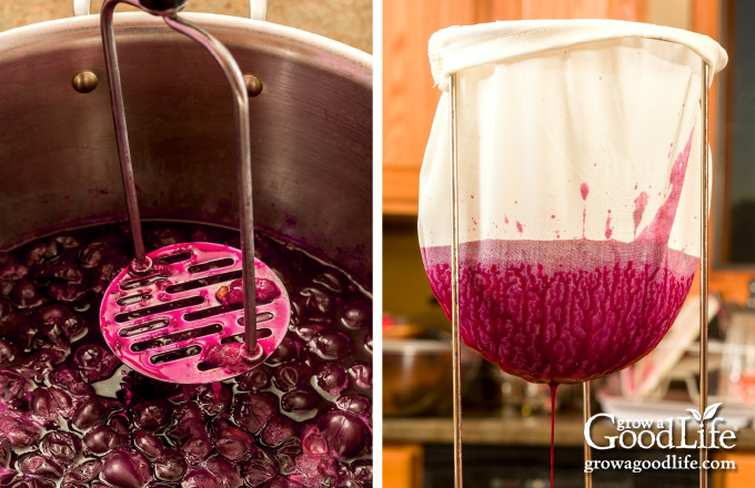 mashing grapes and straining juice from fruit