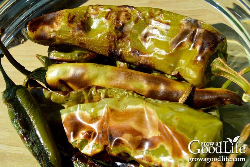 Roasted peppers in bowl.