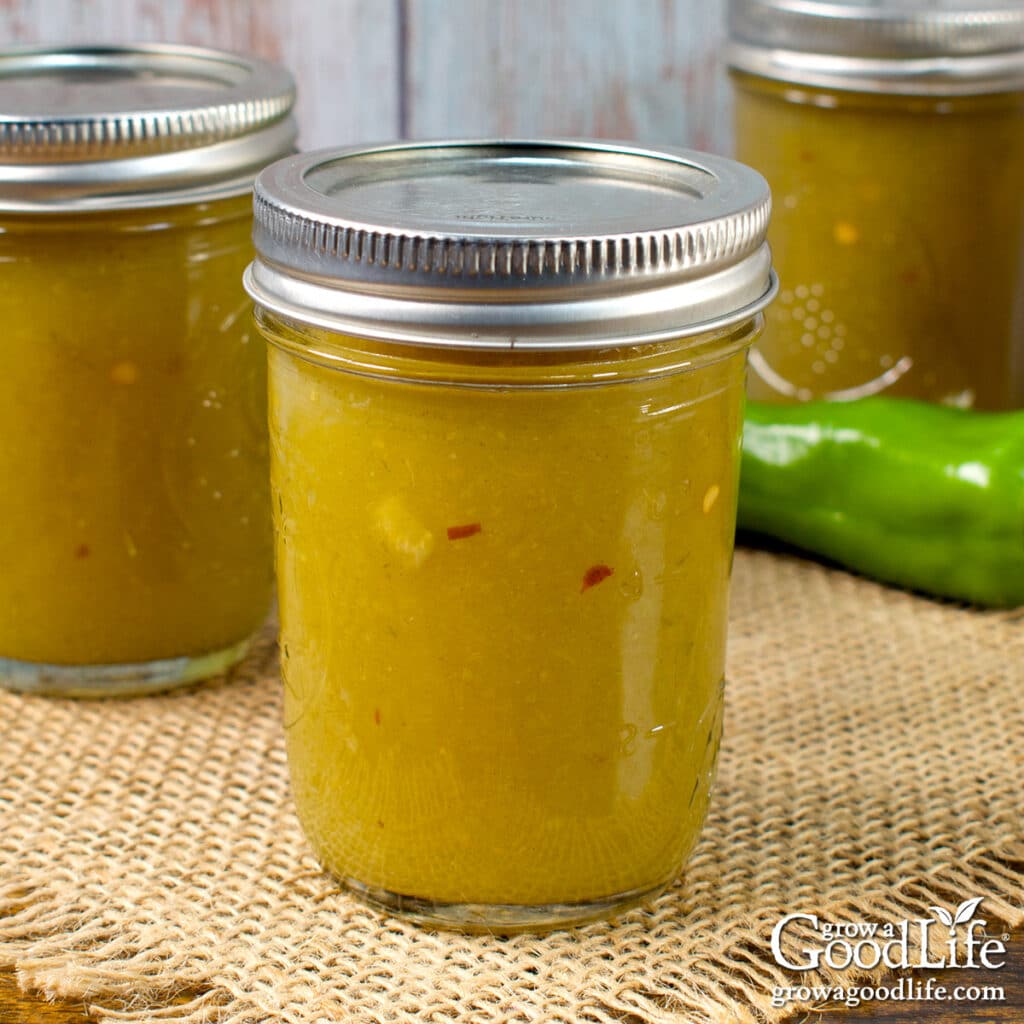 Jars of home canned green chile enchilada sauce on a table.