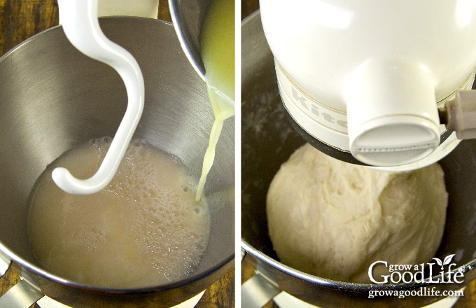 adding the ingredients and mixing until dough clings to hook