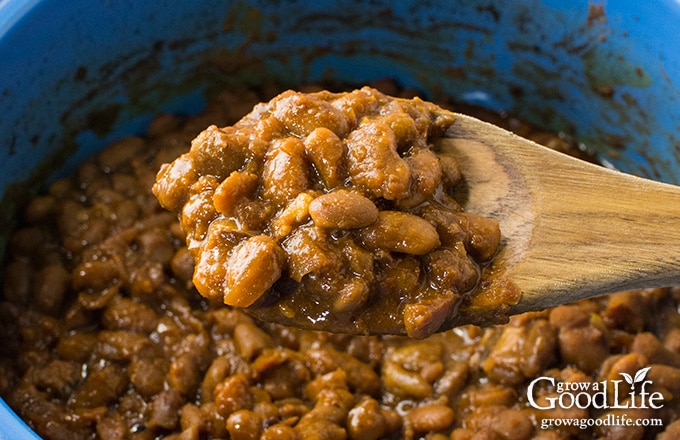 stirring the baked beans and showing a close-up on a spoon