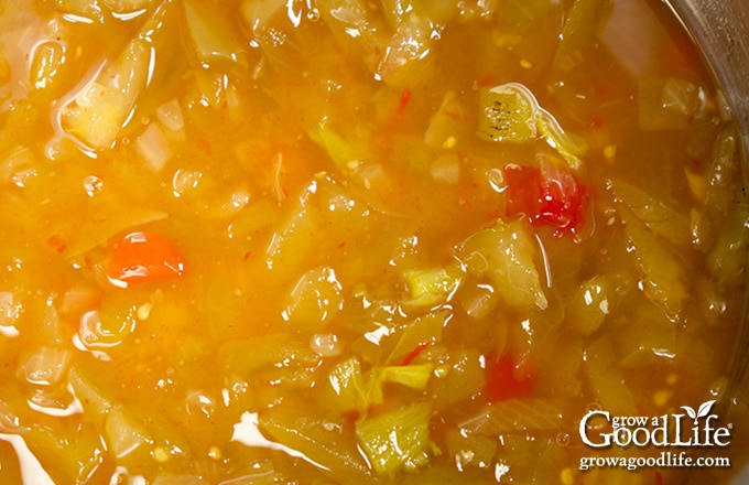 Pot of piccalilli simmering on the stove.