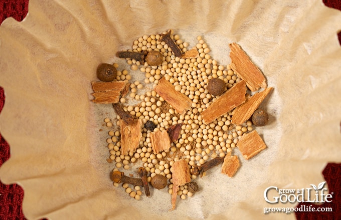 Coffee filter with pickling spices.