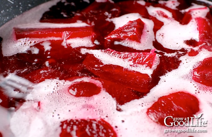 Heating the beets in the pickling brine.