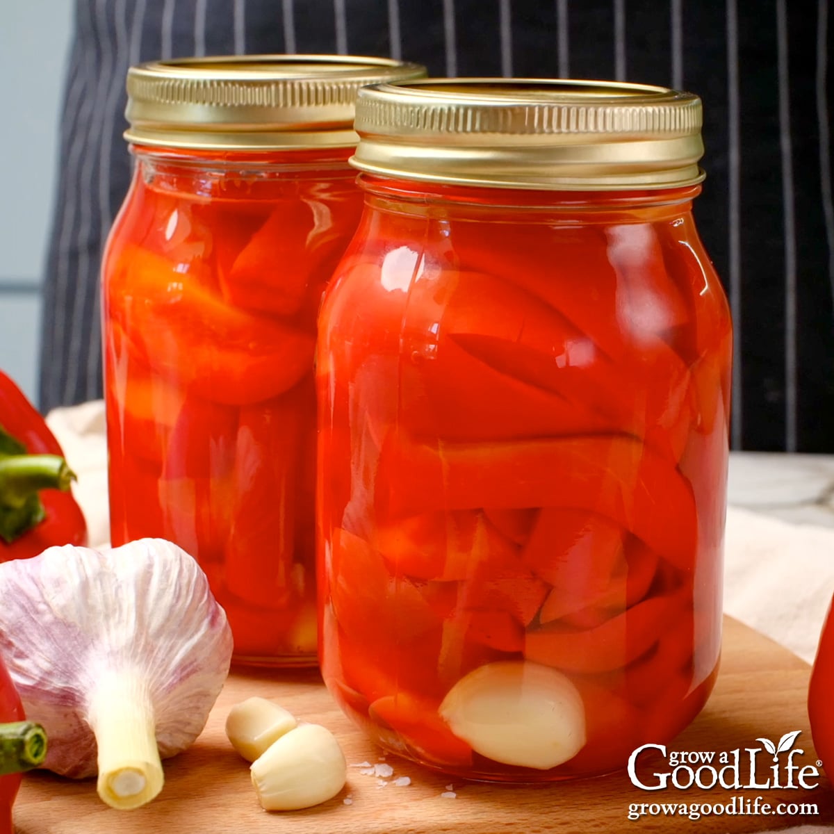 Two jars of pickled bell peppers on a kitchen counter.