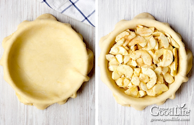 overheat photos of pie crust in pie plate and plate filled with apples