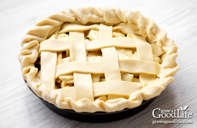 lattice top pie ready for baking