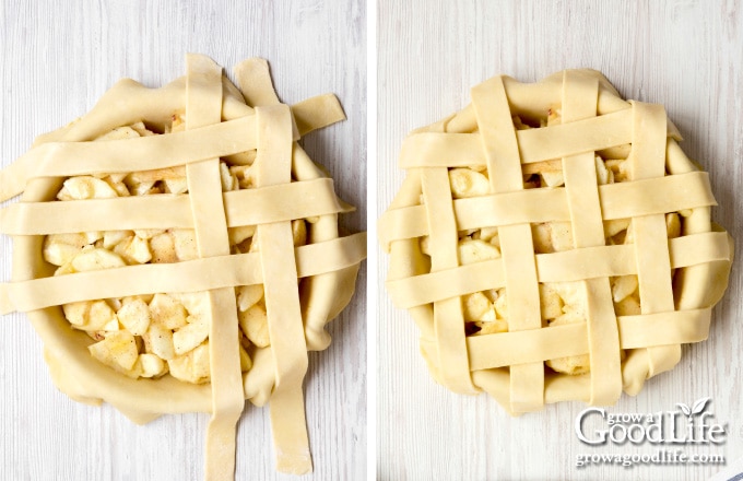 images of strips of pie crust layered over filling