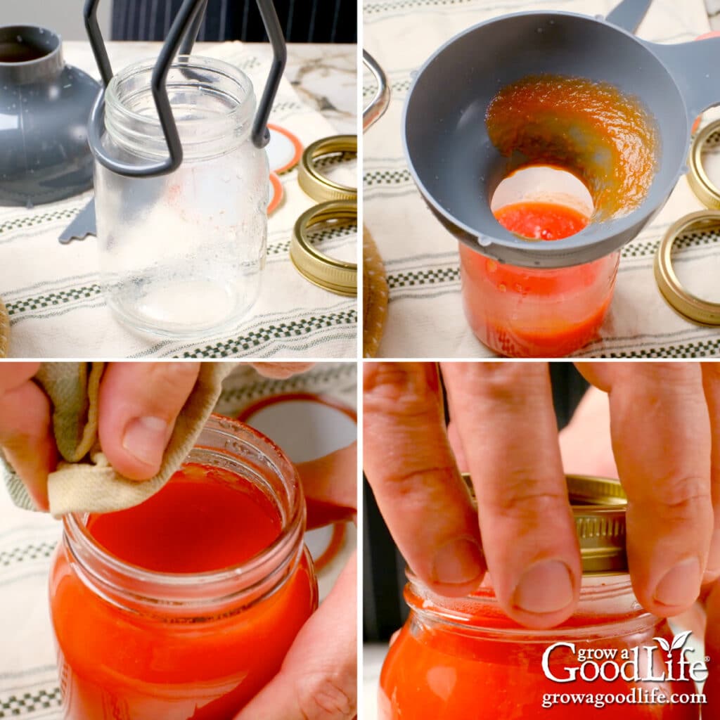 Steps for filling a jar with tomato sauce.