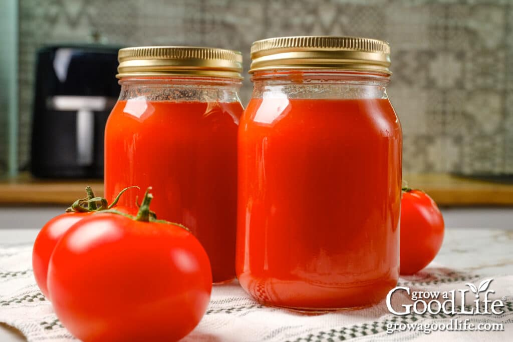 Jars of home-canned plain tomato sauce on a table.