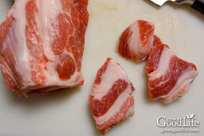 Slices of pork showing meat and fat.