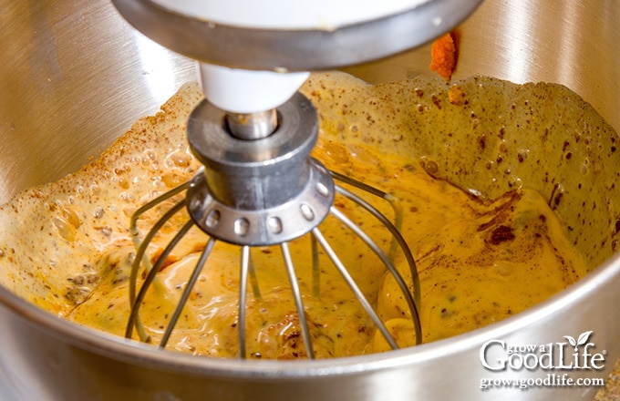 closeup of mixing bowl with pumpkin pie filling