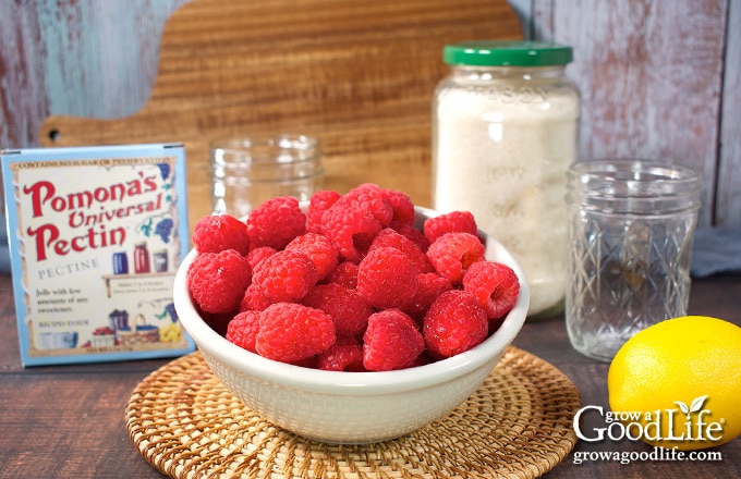 Ingredients for making raspberry jam.