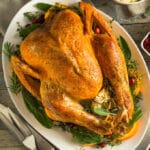 overhead photo of a roasted turkey on a table