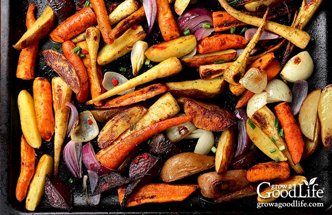 roasted vegetables on baking sheet