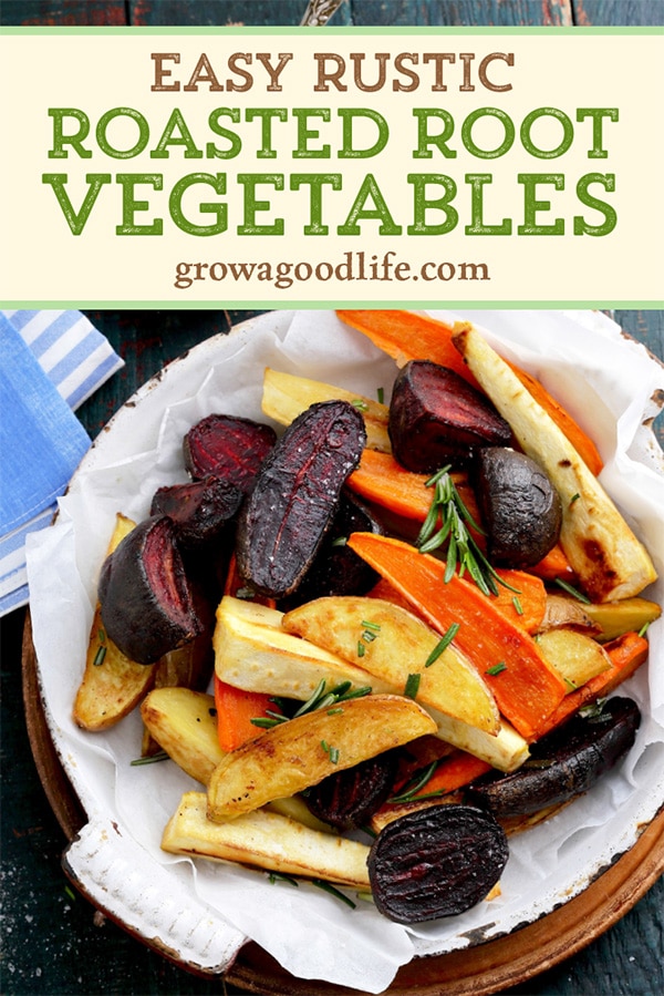 roasted root veggies on a plate with text overlay