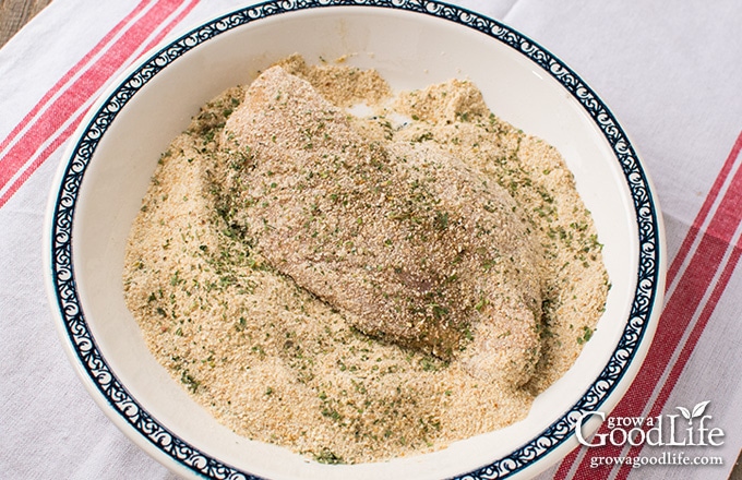 coating the chicken in seasoned breadcrumbs