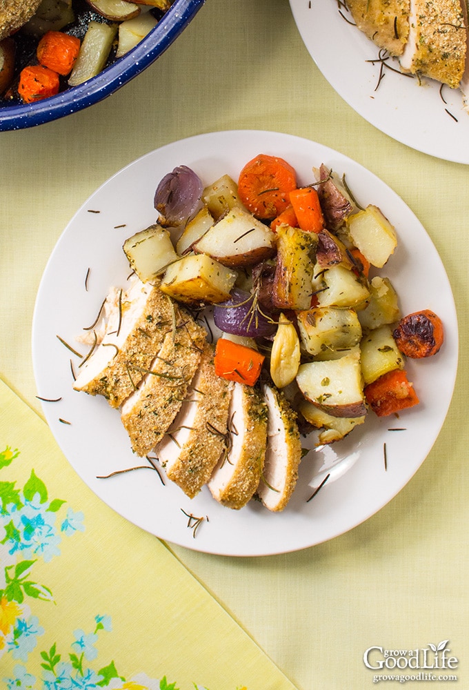 Something extraordinary occurs when vegetables are roasted. The high heat crisps up the outside of the vegetables and locks in their natural flavor. Then that flavor transforms, sweetens and intensifies as it roasts. This one-pan, roasted rosemary chicken and vegetables recipe is an easy to prep meal bursting with flavor.