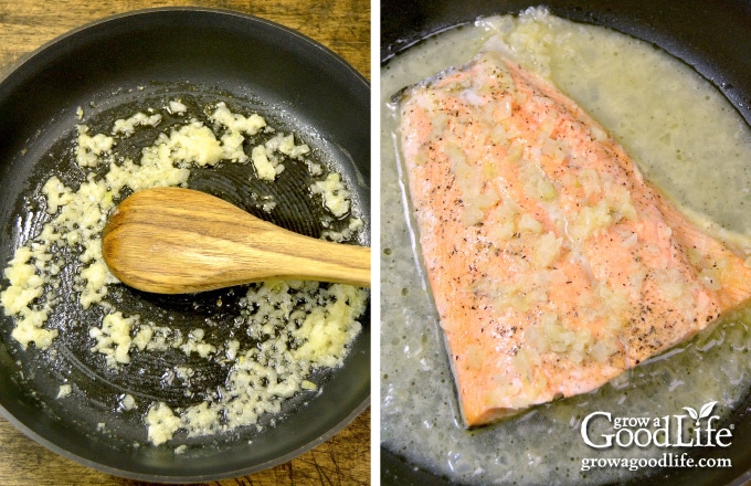 sautéing onions in a skillet and poaching salmon